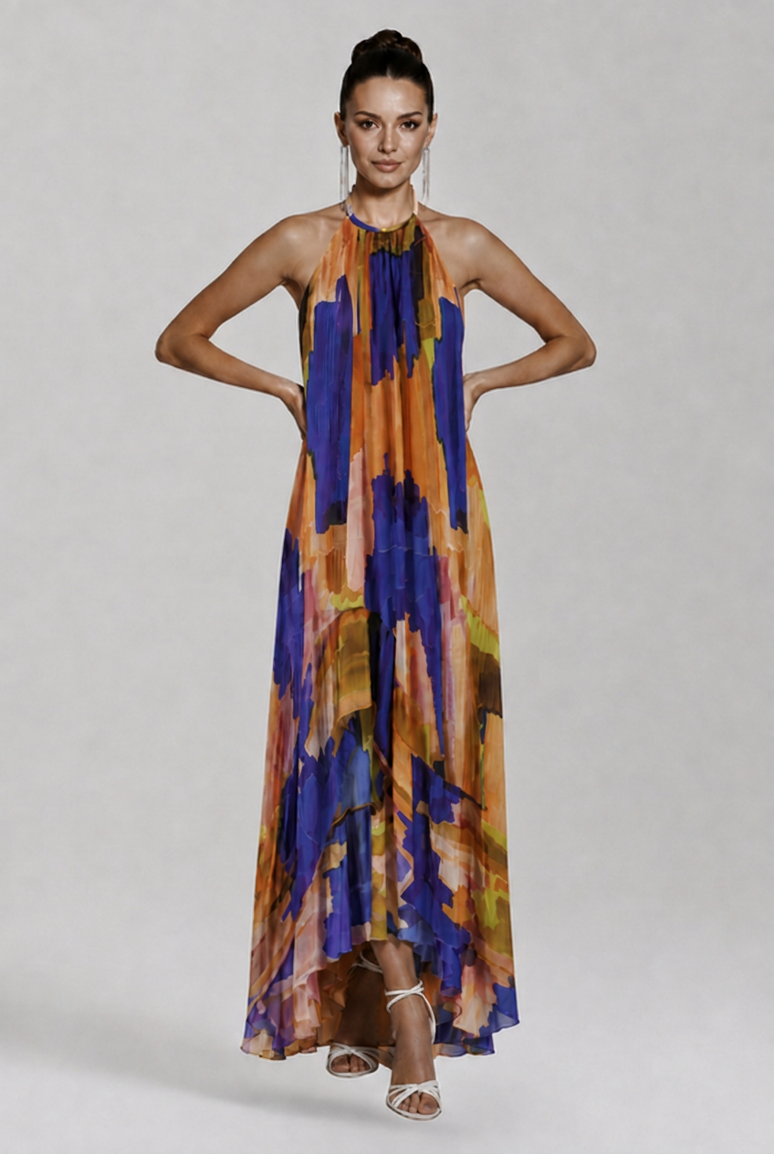Aurelia | Women’s Abstract Print Halter High-Low Maxi Dress
