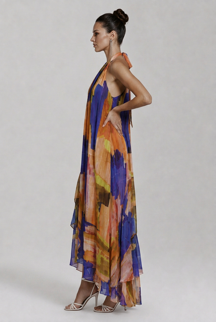 Aurelia | Women’s Abstract Print Halter High-Low Maxi Dress