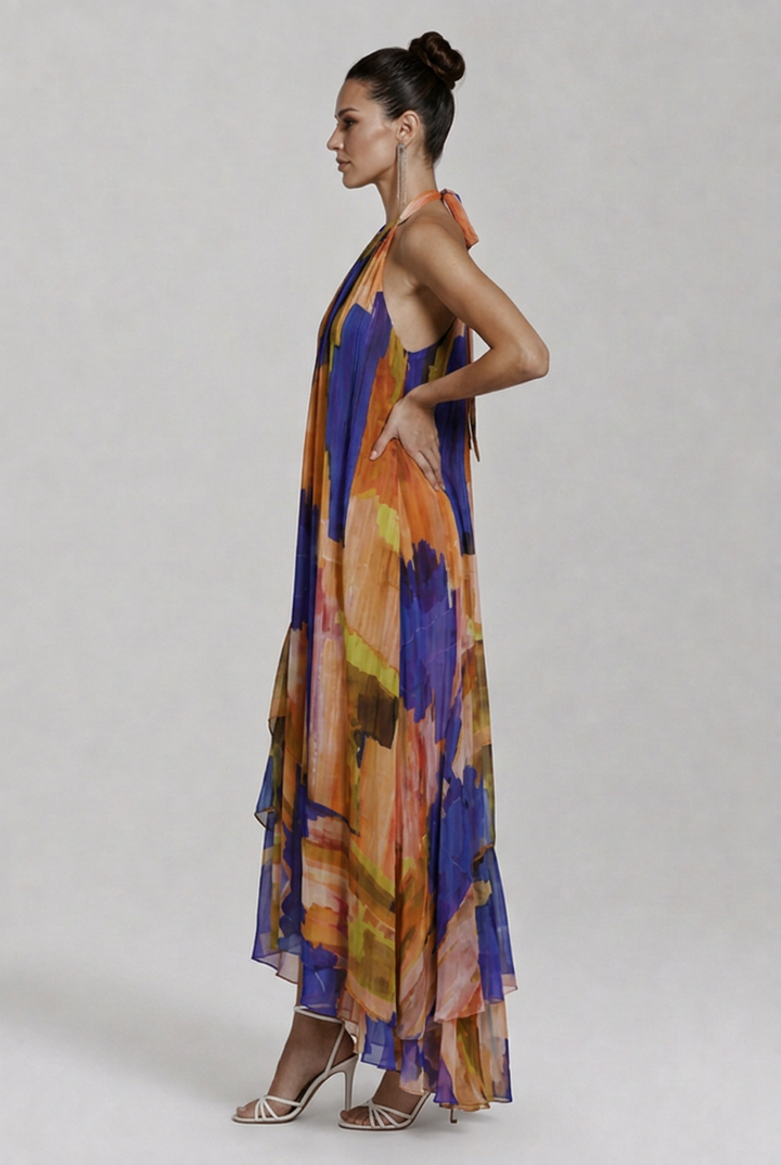 Aurelia | Women’s Abstract Print Halter High-Low Maxi Dress