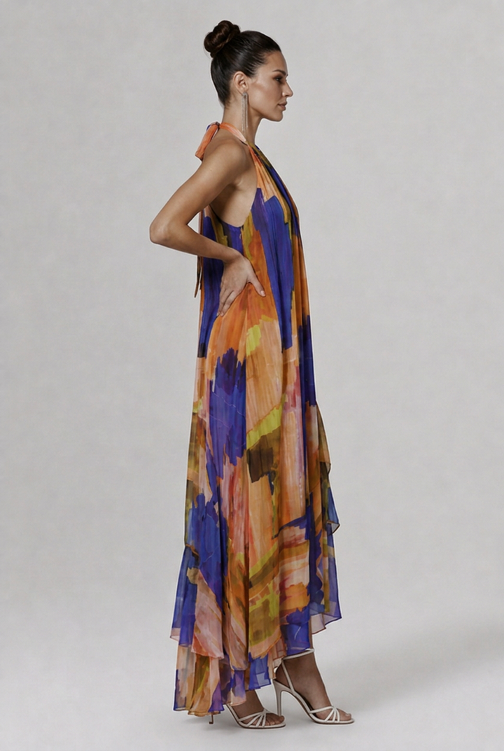Aurelia | Women’s Abstract Print Halter High-Low Maxi Dress