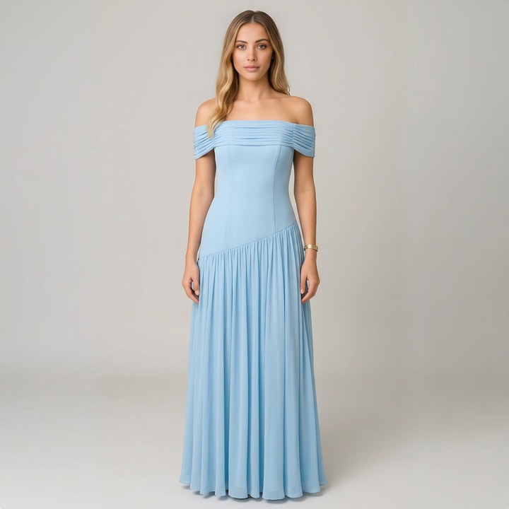 Bella | Women’s Off-Shoulder Pleated Maxi Dress with Asymmetric Waist Detail