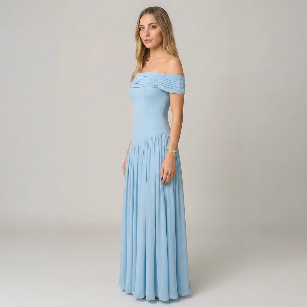 Bella | Women’s Off-Shoulder Pleated Maxi Dress with Asymmetric Waist Detail