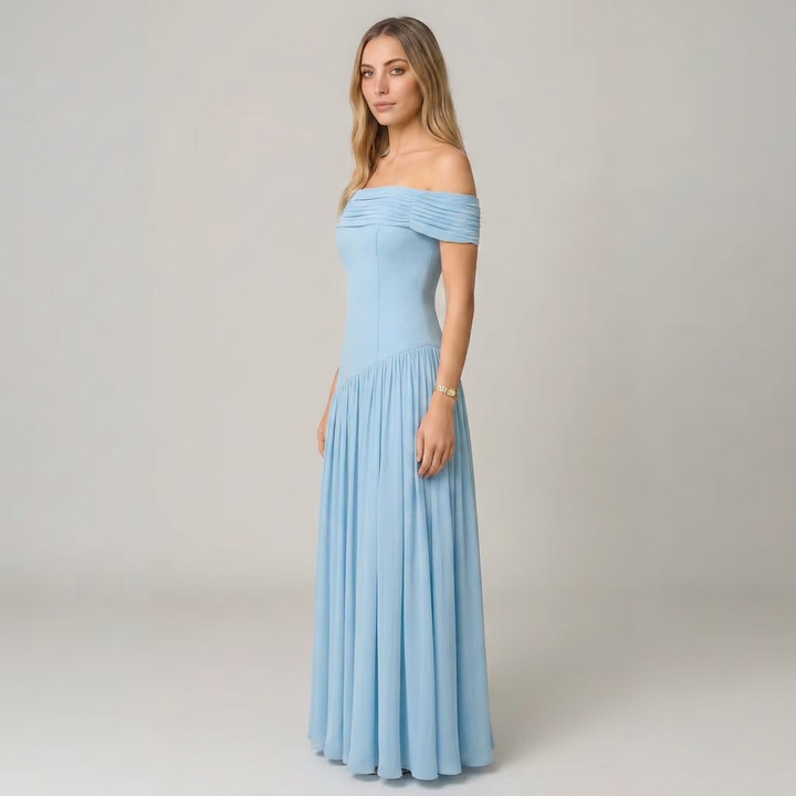 Bella | Women’s Off-Shoulder Pleated Maxi Dress with Asymmetric Waist Detail