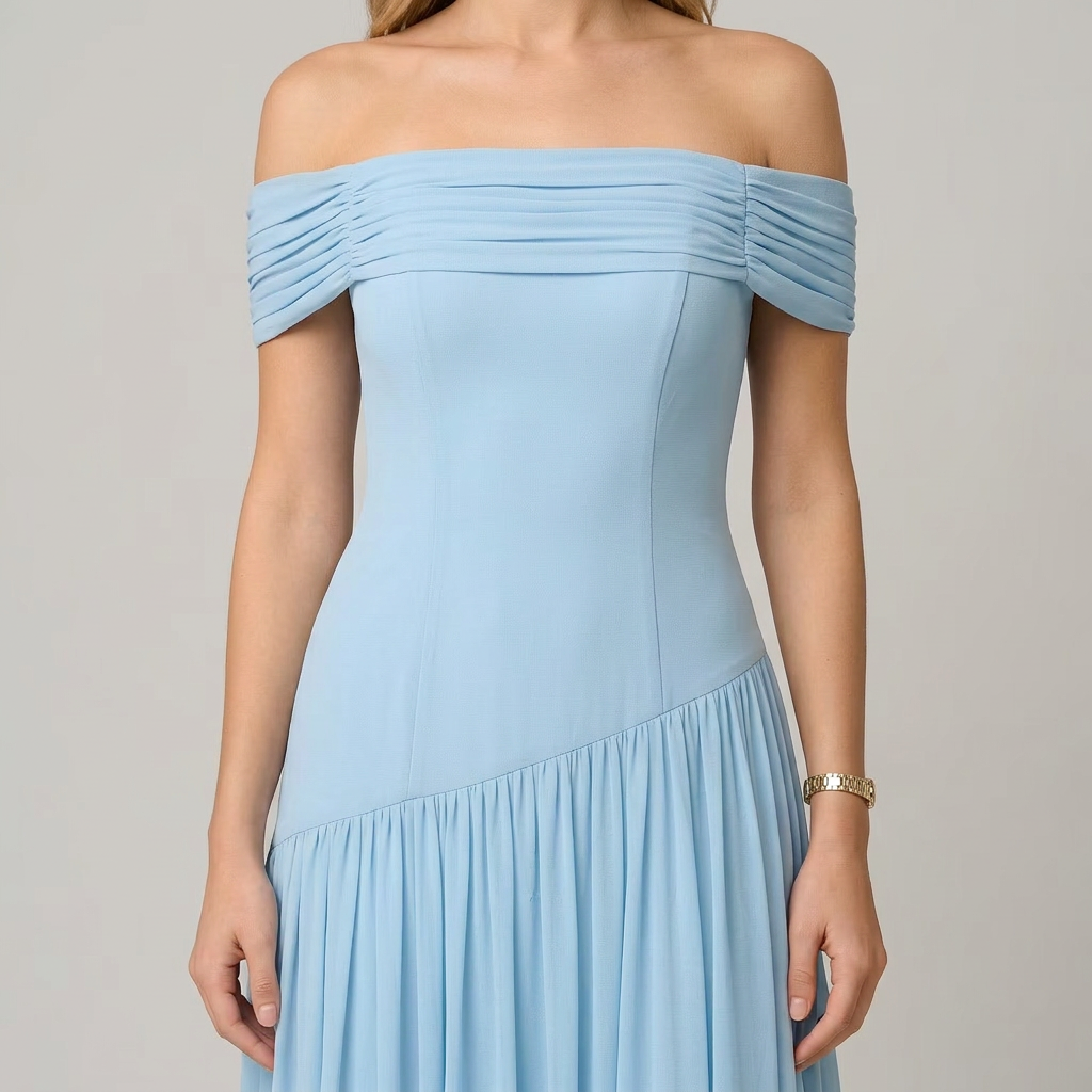 Bella | Women’s Off-Shoulder Pleated Maxi Dress with Asymmetric Waist Detail
