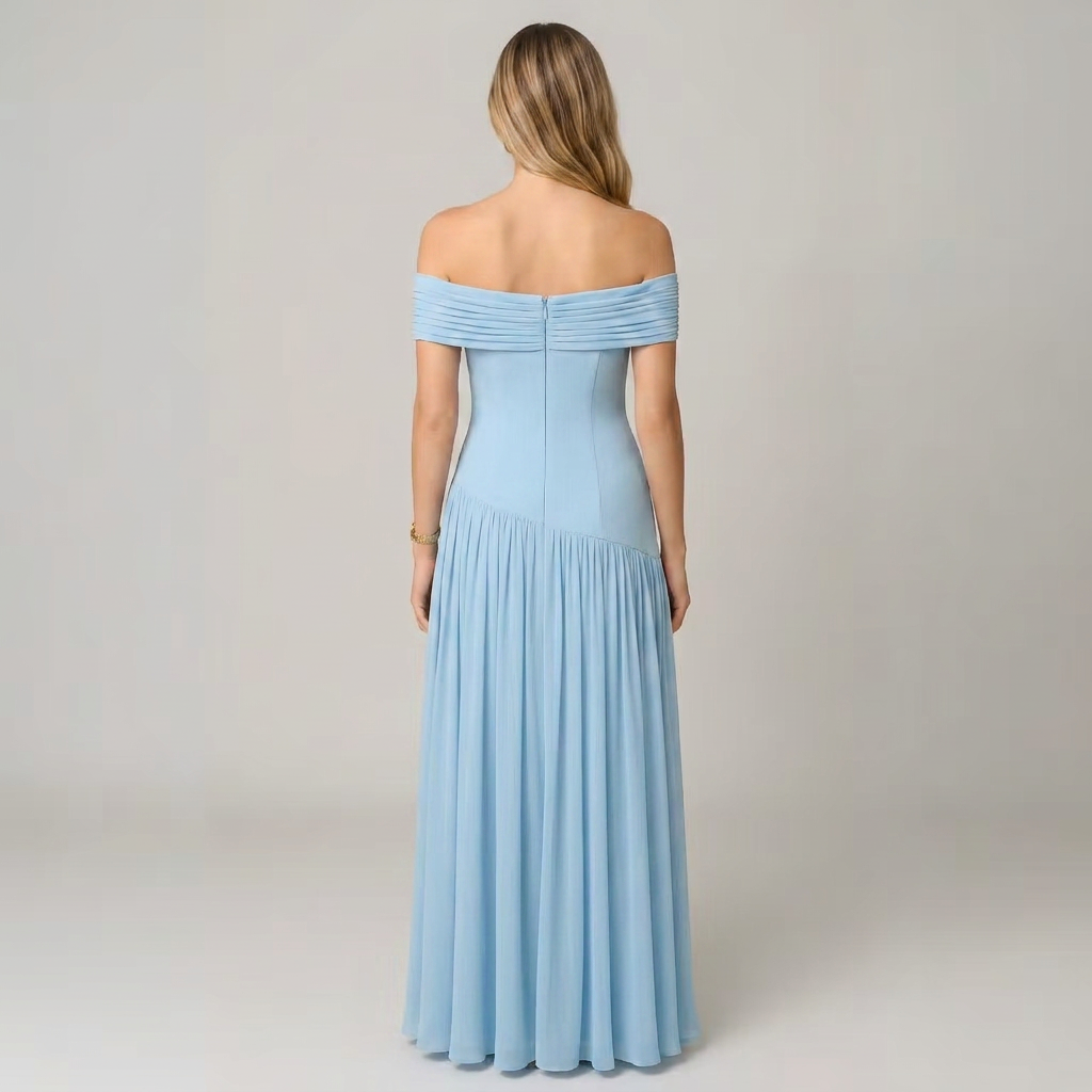 Bella | Women’s Off-Shoulder Pleated Maxi Dress with Asymmetric Waist Detail