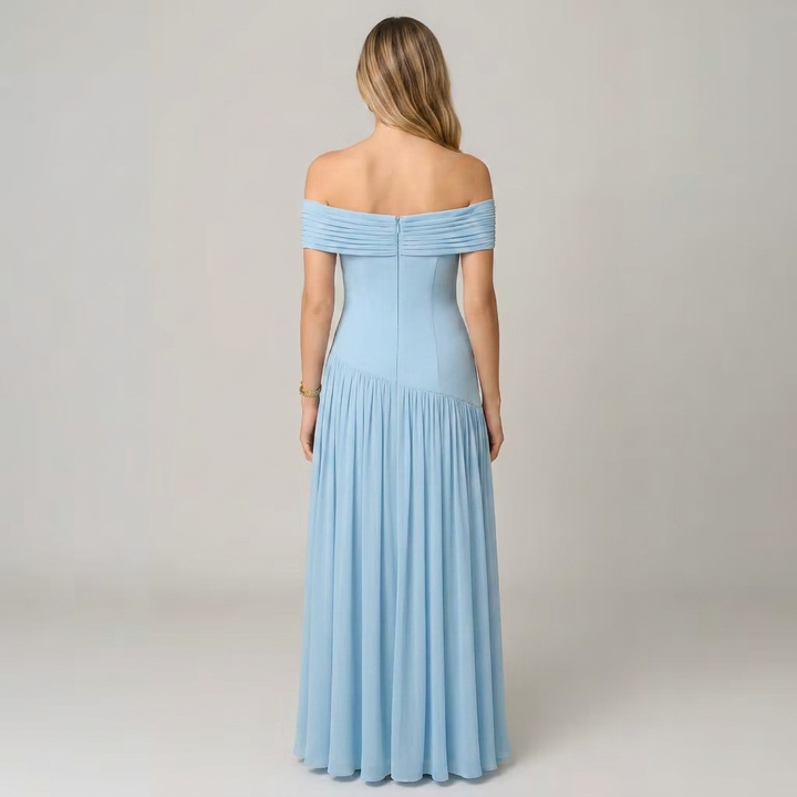 Bella | Women’s Off-Shoulder Pleated Maxi Dress with Asymmetric Waist Detail