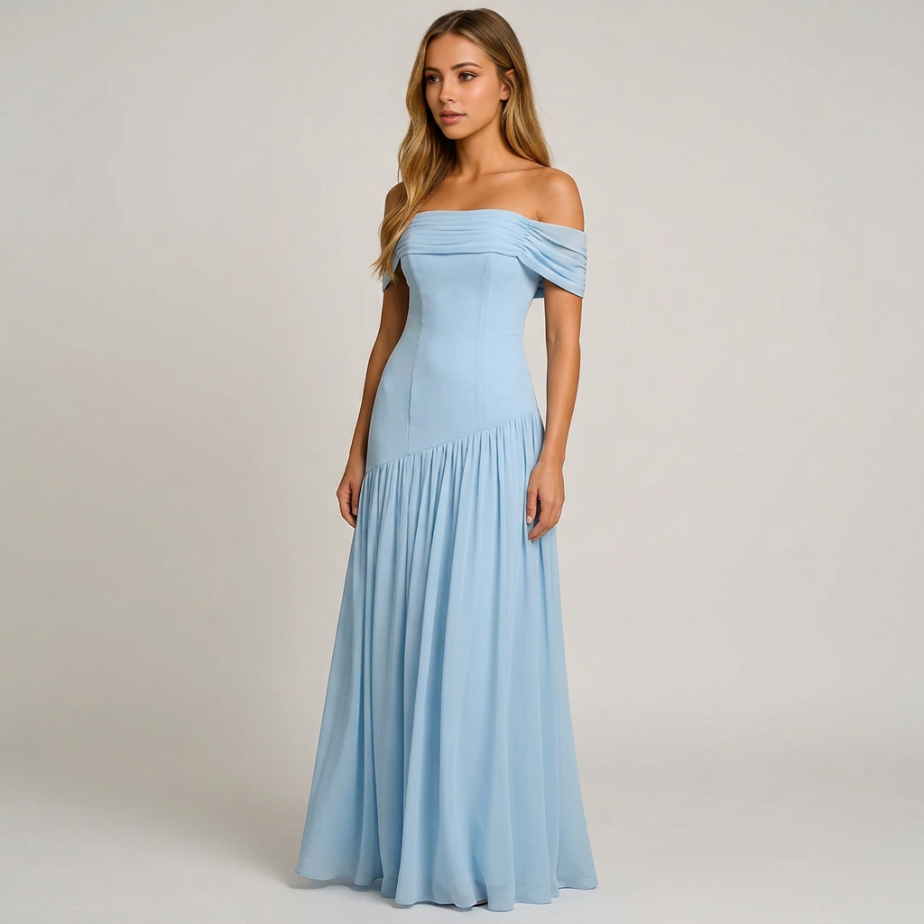 Bella | Women’s Off-Shoulder Pleated Maxi Dress with Asymmetric Waist Detail