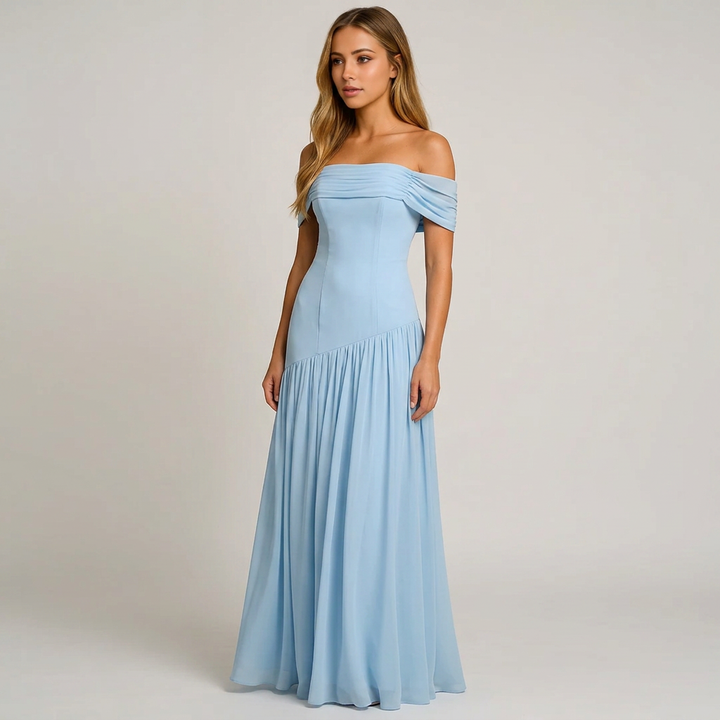 Bella | Women’s Off-Shoulder Pleated Maxi Dress with Asymmetric Waist Detail