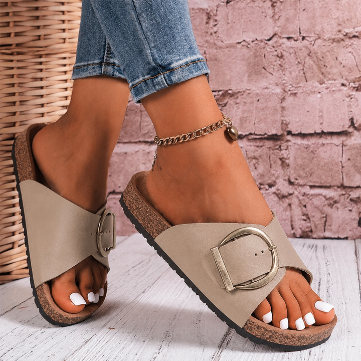 Bellevue | Oversized Buckle Cork Slide Sandals