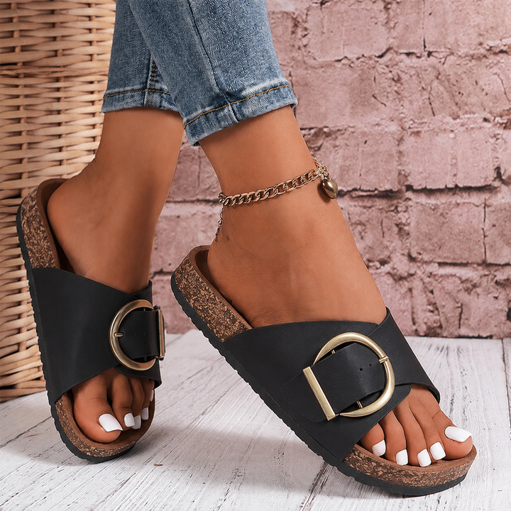 Bellevue | Oversized Buckle Cork Slide Sandals