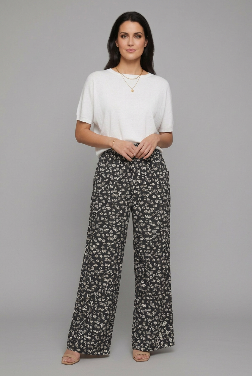 Elara | Women’s High-Waisted Wide-Leg Trousers with Ditsy Floral Print