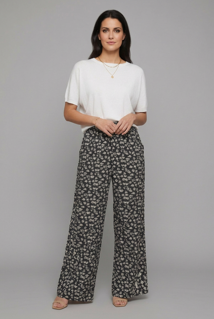Elara | Women’s High-Waisted Wide-Leg Trousers with Ditsy Floral Print