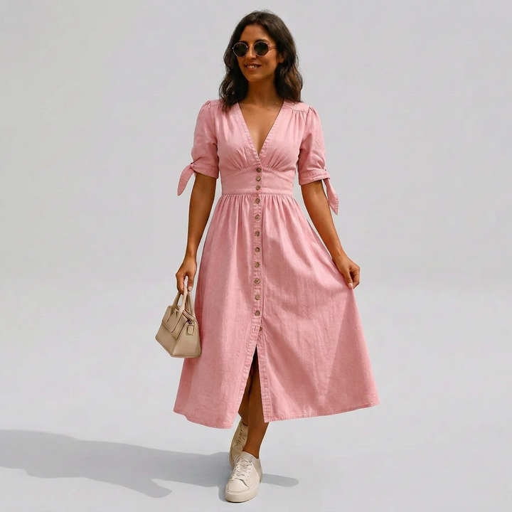 Jacqueline | Button-Front V-Neck Tie-Sleeve Midi Dress