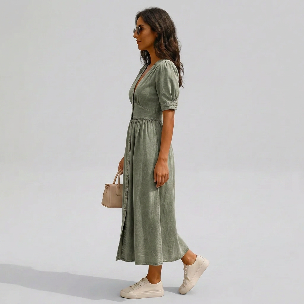 Jacqueline | Button-Front V-Neck Tie-Sleeve Midi Dress