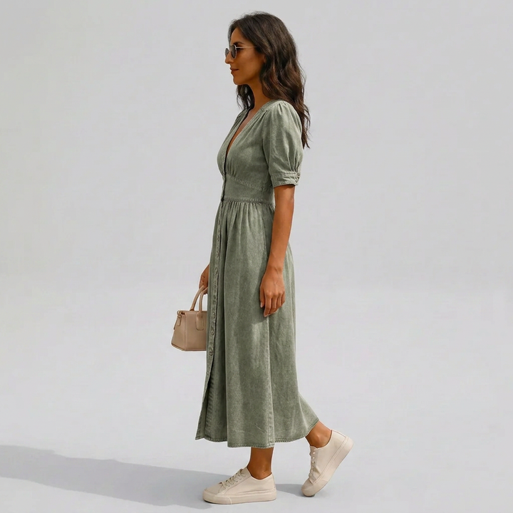 Jacqueline | Button-Front V-Neck Tie-Sleeve Midi Dress