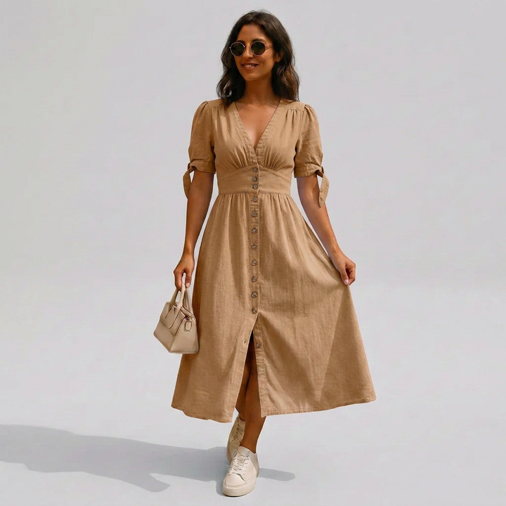 Jacqueline | Button-Front V-Neck Tie-Sleeve Midi Dress