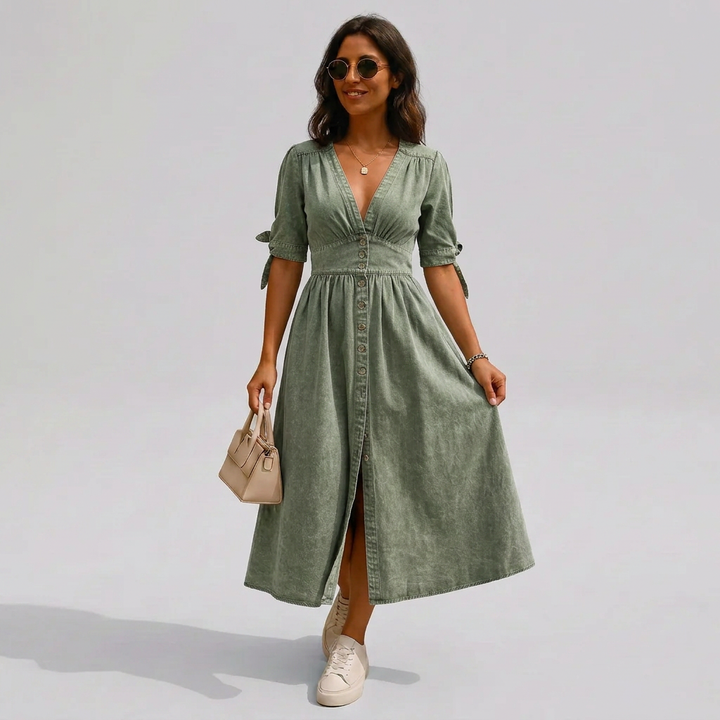 Jacqueline | Button-Front V-Neck Tie-Sleeve Midi Dress