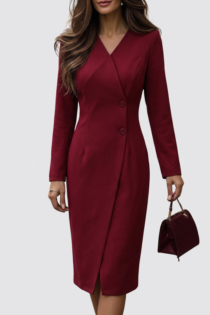 Luned | Burgundy Wrap-Style Buttoned Midi Dress