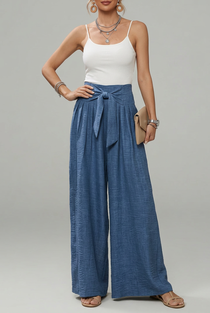 Daisy | Women’s High-Waisted Palazzo Trousers with Bow Tie Belt and Pleated Wide Legs