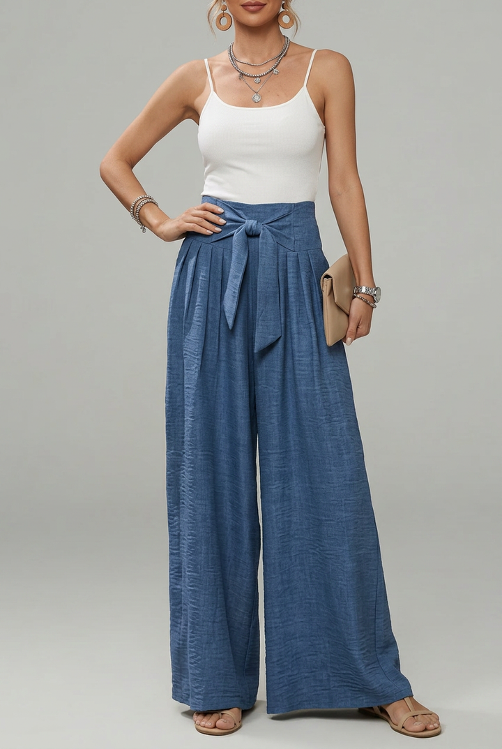 Daisy | Women’s High-Waisted Palazzo Trousers with Bow Tie Belt and Pleated Wide Legs