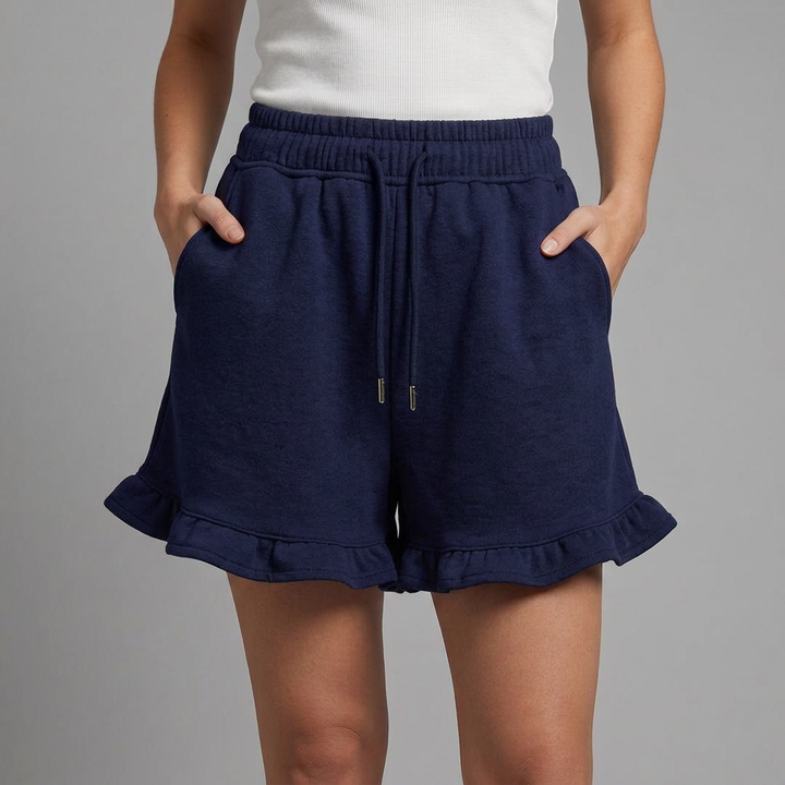 Jacklyn | Women’s High Waist Drawstring Ruffle Hem Shorts