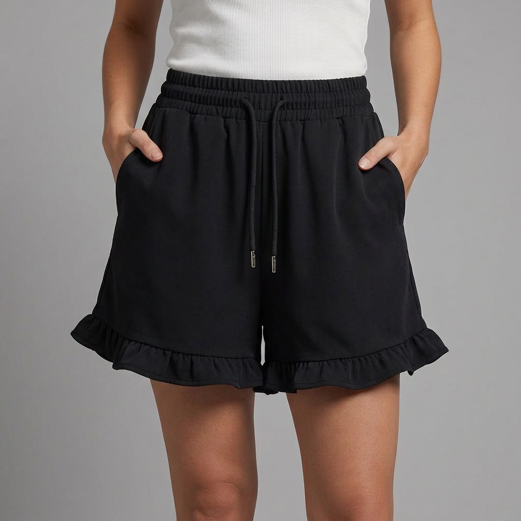 Jacklyn | Women’s High Waist Drawstring Ruffle Hem Shorts