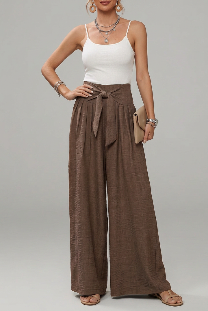 Daisy | Women’s High-Waisted Palazzo Trousers with Bow Tie Belt and Pleated Wide Legs