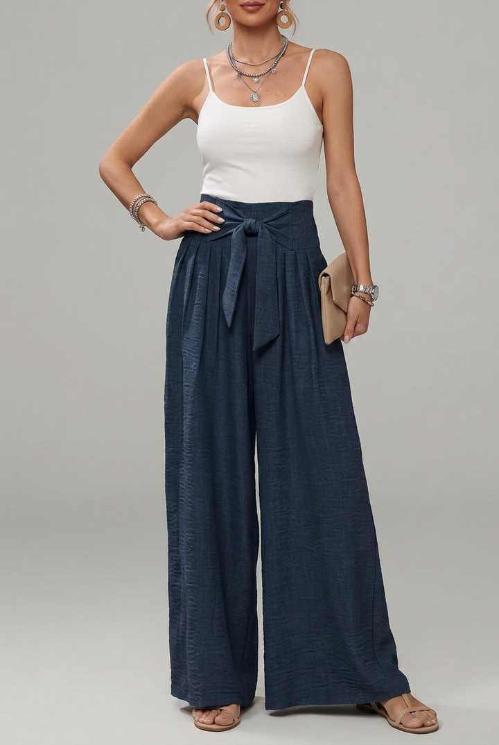 Daisy | Women’s High-Waisted Palazzo Trousers with Bow Tie Belt and Pleated Wide Legs