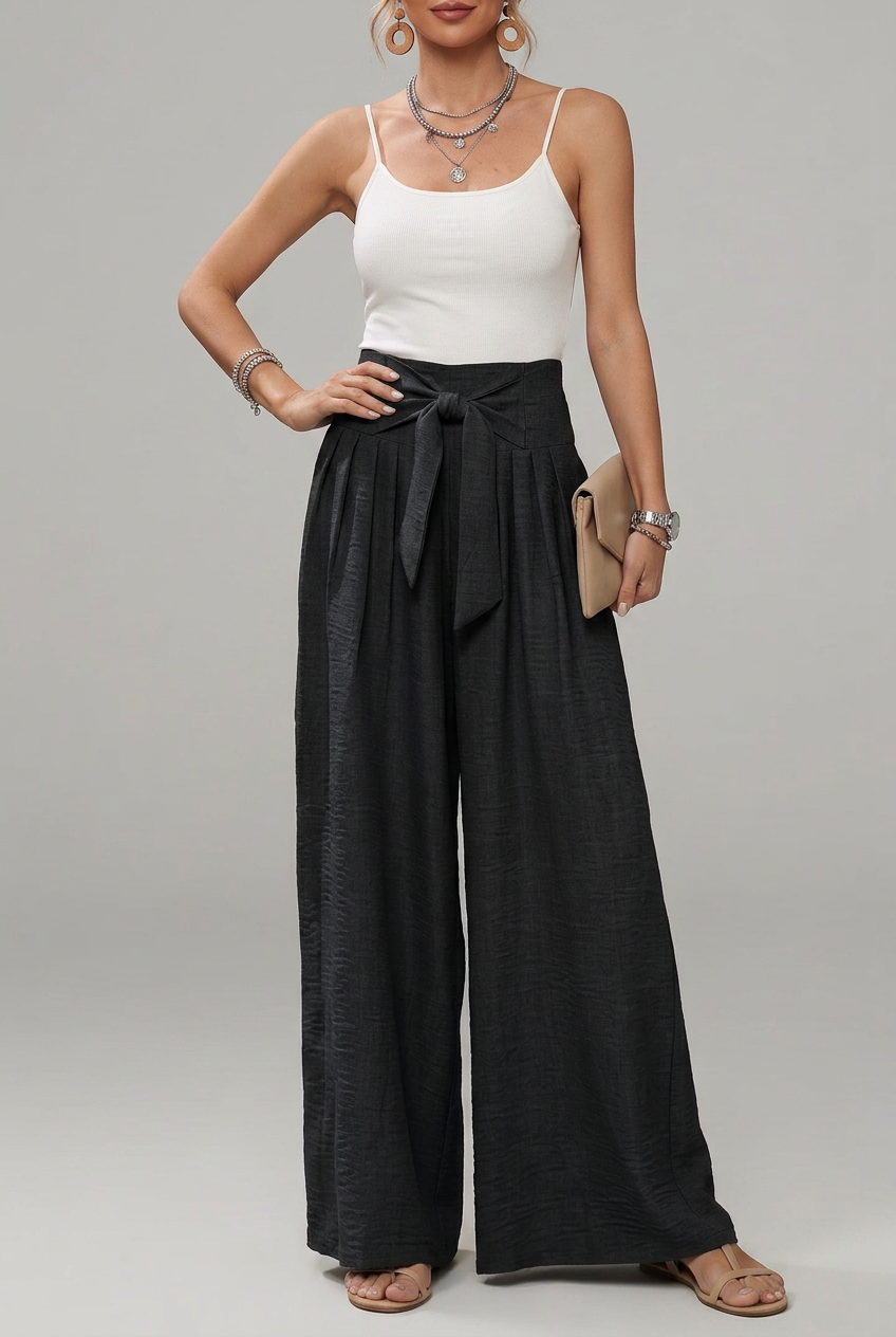 Daisy | Women’s High-Waisted Palazzo Trousers with Bow Tie Belt and Pleated Wide Legs
