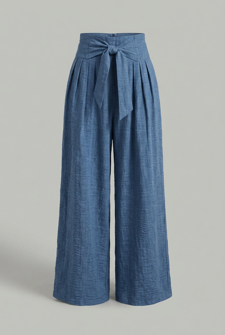 Daisy | Women’s High-Waisted Palazzo Trousers with Bow Tie Belt and Pleated Wide Legs