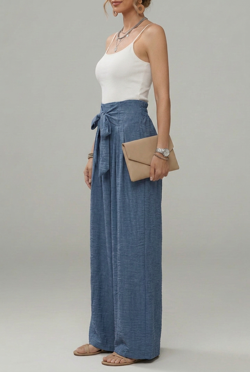 Daisy | Women’s High-Waisted Palazzo Trousers with Bow Tie Belt and Pleated Wide Legs