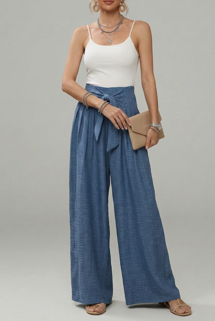 Daisy | Women’s High-Waisted Palazzo Trousers with Bow Tie Belt and Pleated Wide Legs