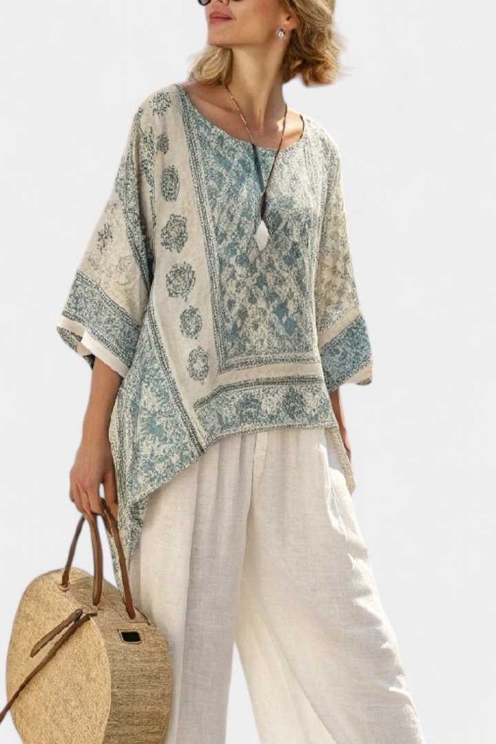 Quinley | Comfortable Printed Blouse &amp; Wide-Leg White Trousers