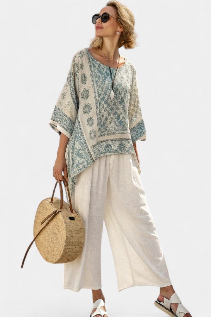 Quinley | Comfortable Printed Blouse &amp; Wide-Leg White Trousers