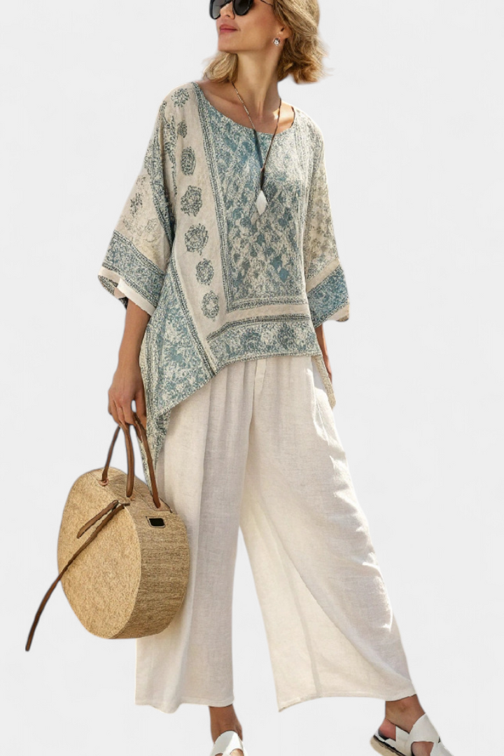 Quinley | Comfortable Printed Blouse &amp; Wide-Leg White Trousers